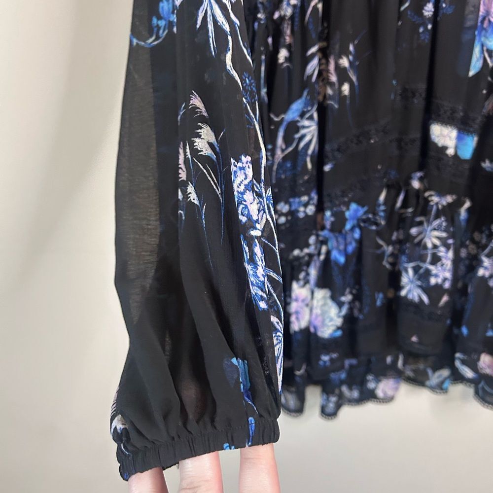 Free People Black Cherry Blossom Chiffon Cottagecore Mini Dress Size Small - Picture 4 of 8